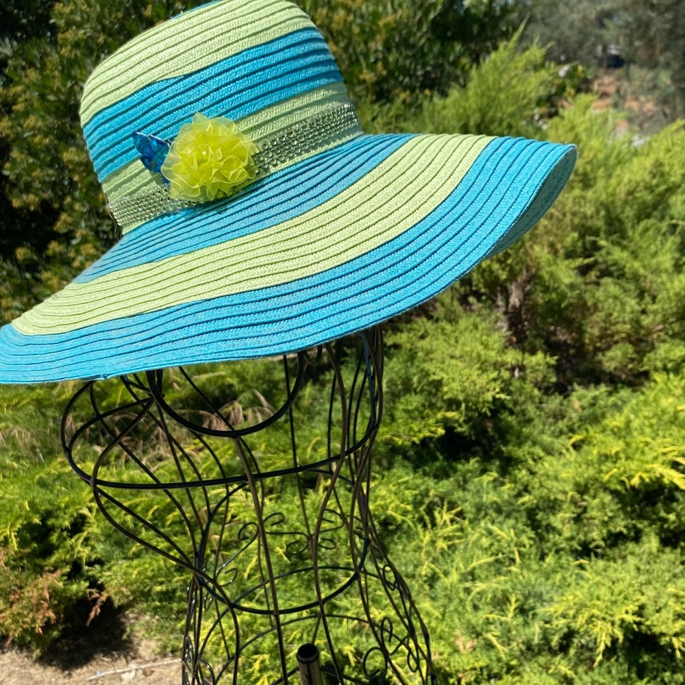 Fair Weather Blue and Green Striped Wide-Brim  Sun Hat